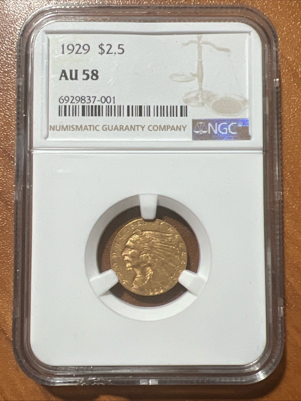 1929 GOLD Indian Head $2.50 Quarter Eagle Coin CERTIFIED NGC AU 58